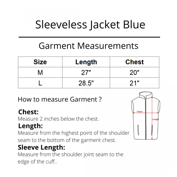 Bomber Sleeveless Jacket Blue Size Chart